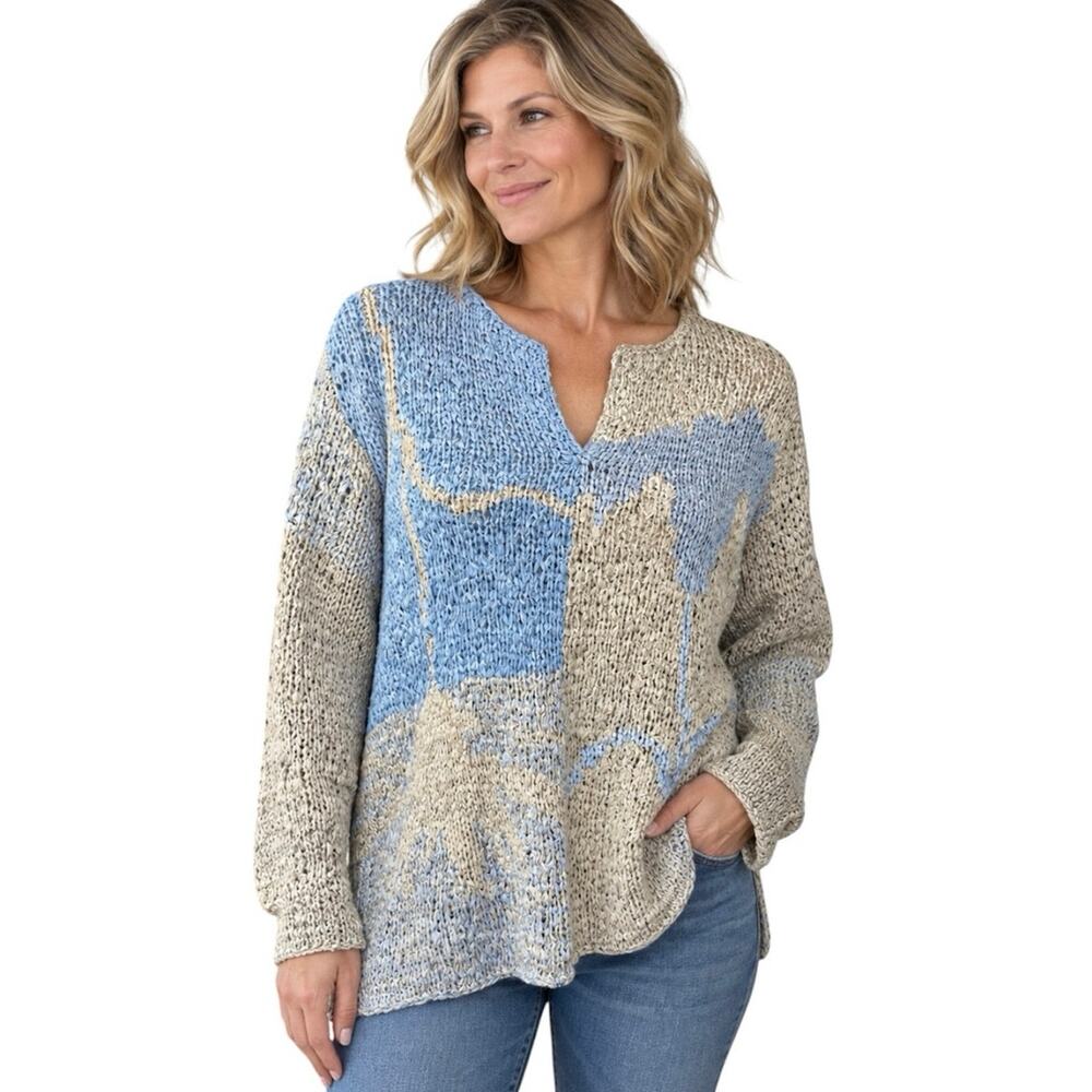 Sigird Olsen Women Size Large Hand Knit Silk Pullover Gray Blue Textured Sweater